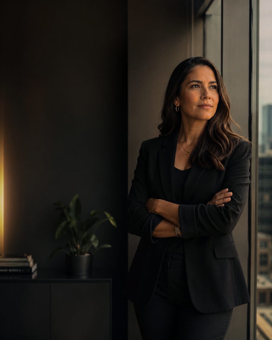 A confident professional looking ahead in an office
