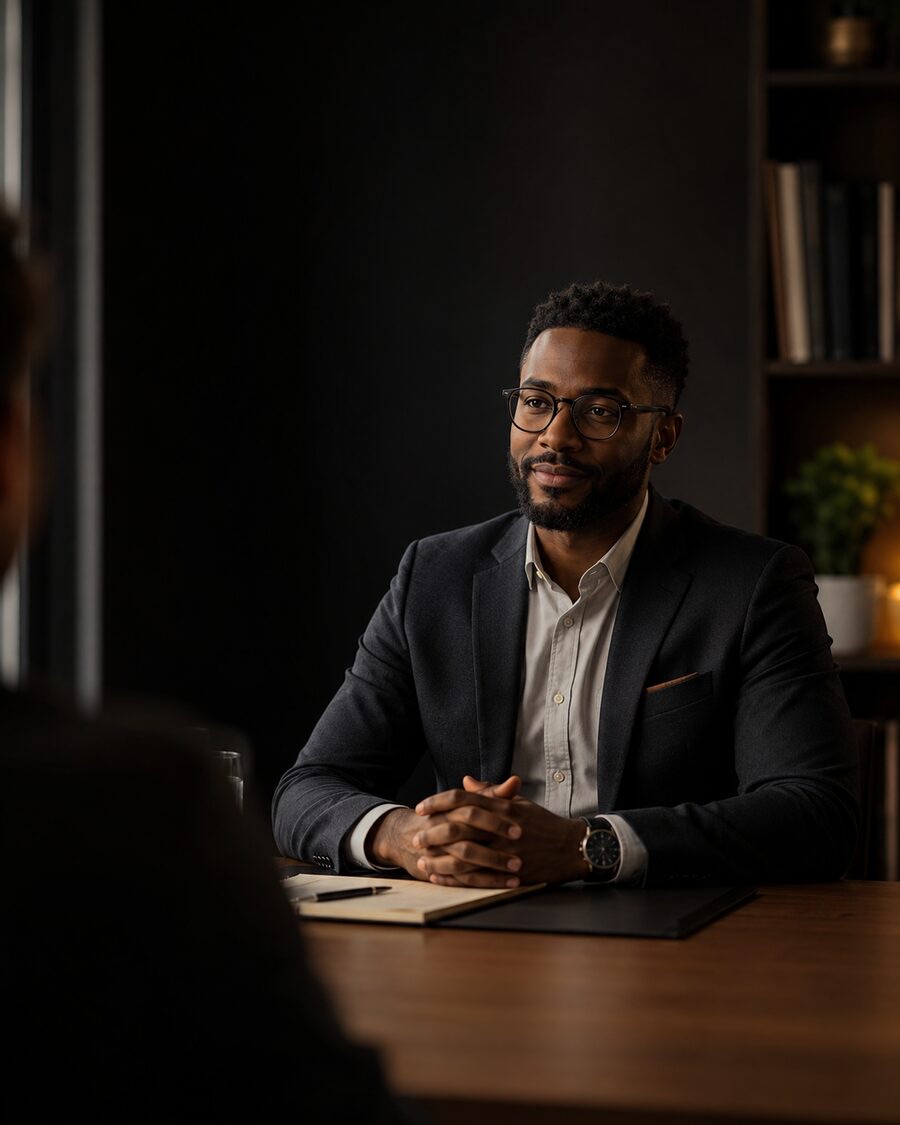 A composed professional in a job interview