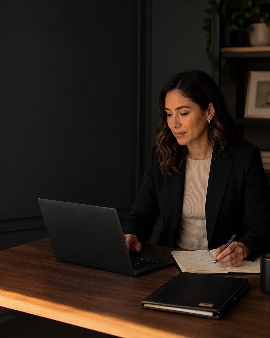 A professional preparing job applications at a laptop