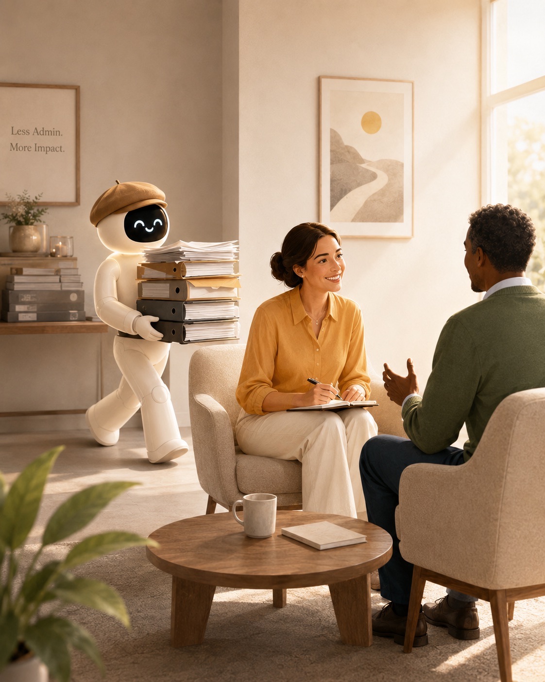 A warm office consultation with a friendly robot carrying paperwork in the background