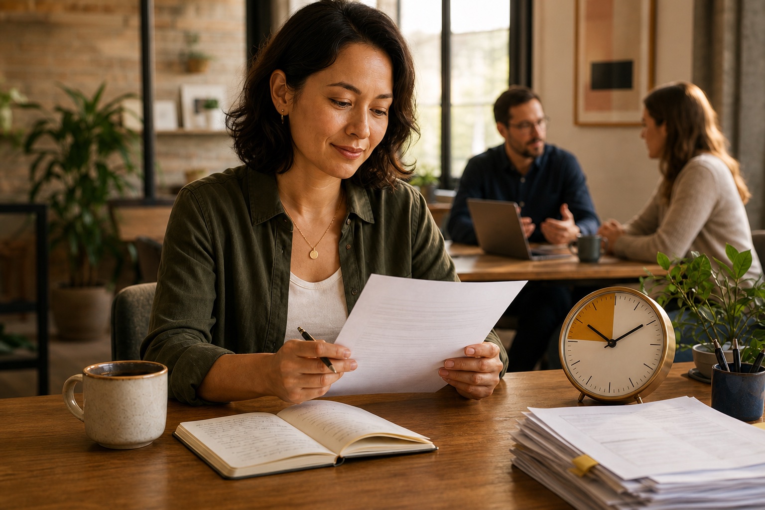 A small business professional calmly reviewing one finished document beside a clock while colleagues work together in the background
