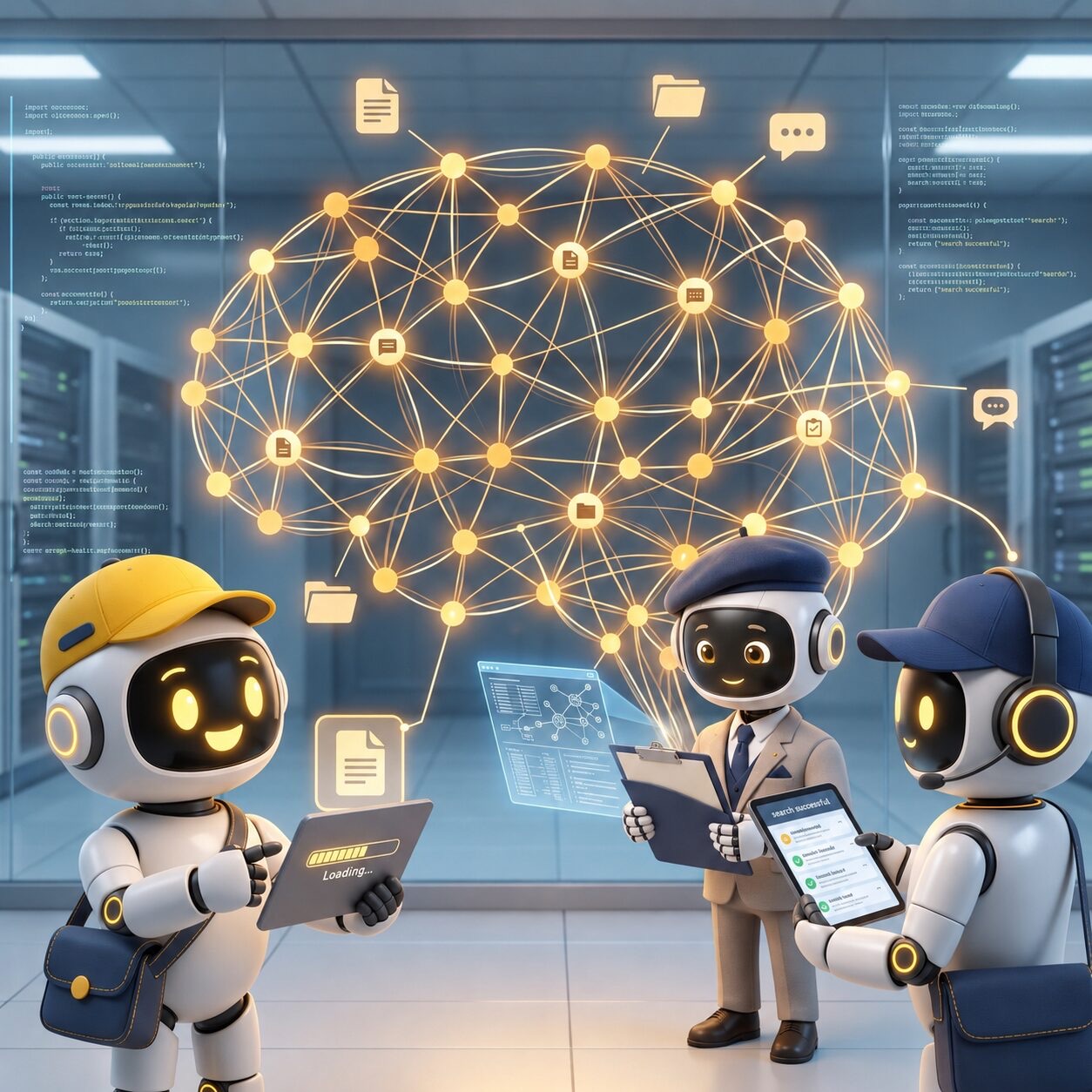 Friendly robot characters organizing shared business information