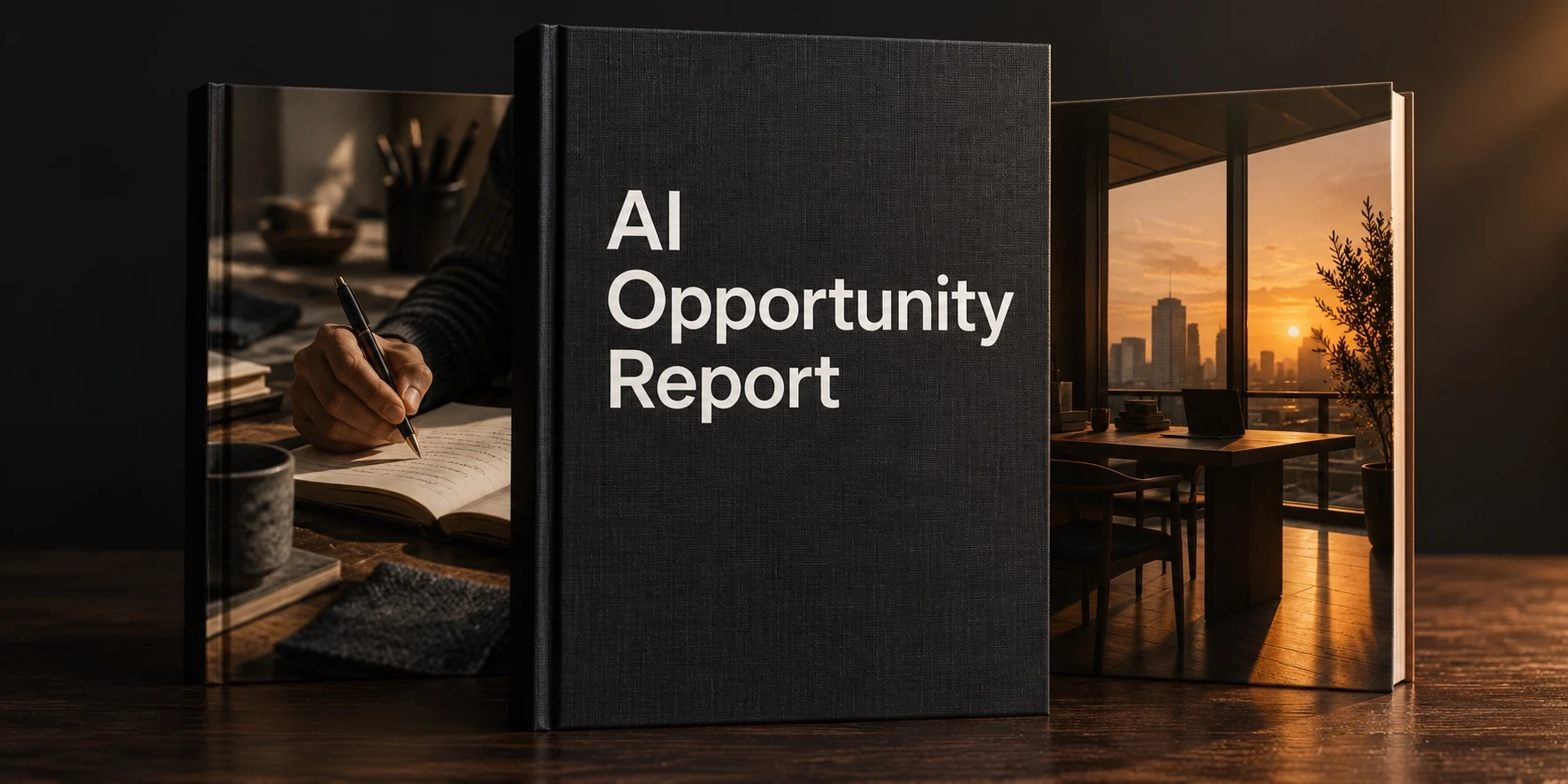 AI Opportunity Report with charcoal cover, beside notebooks showing work in a studio and a sunset office