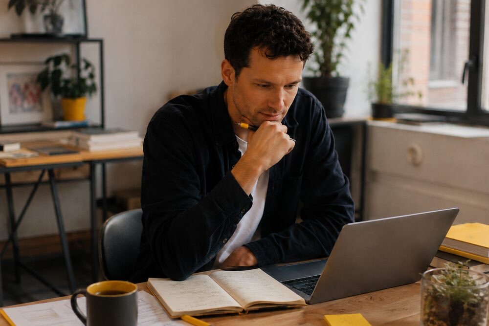 A professional working thoughtfully at a laptop in a home office