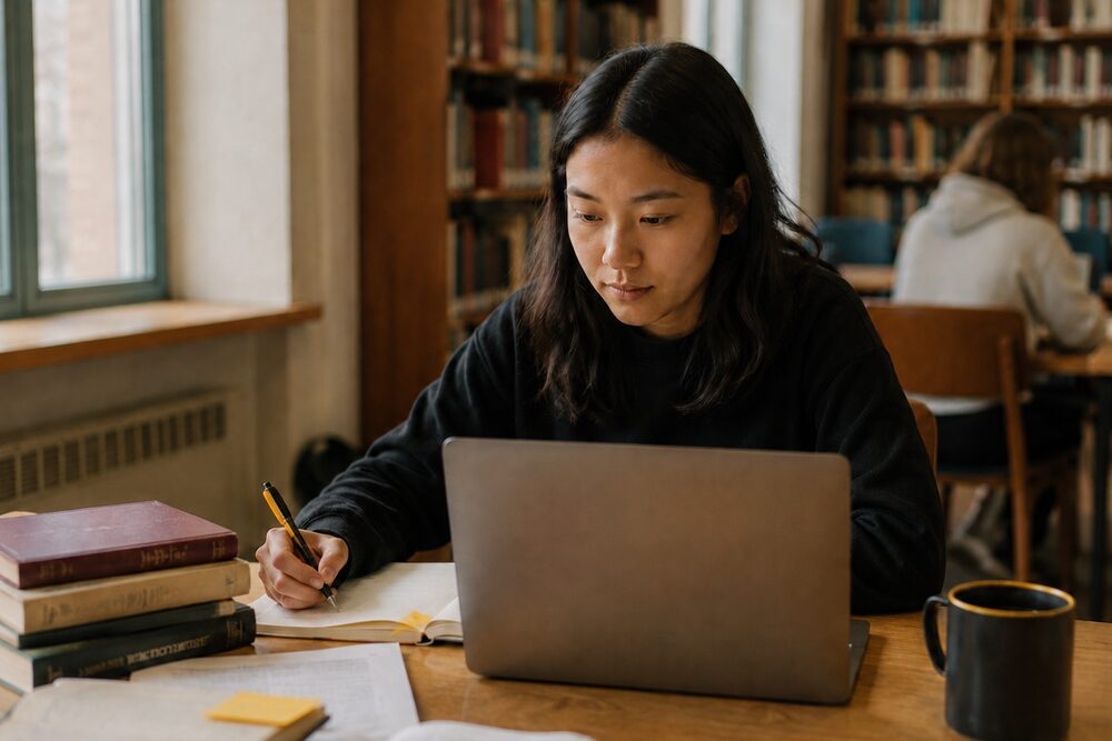 A student studying with a laptop and books in a library