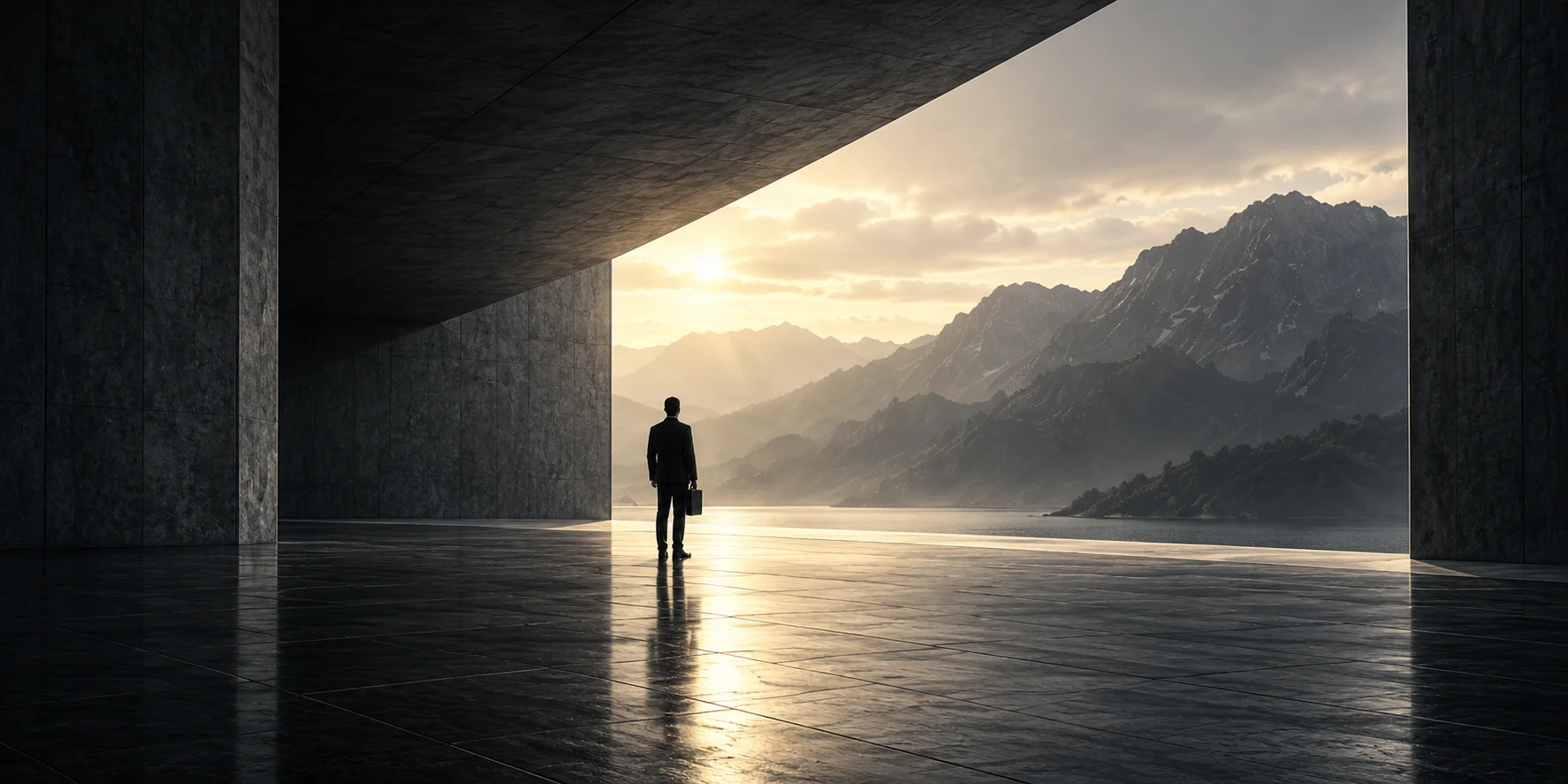 A person standing in a monumental concrete hall opening onto sunlit mountains