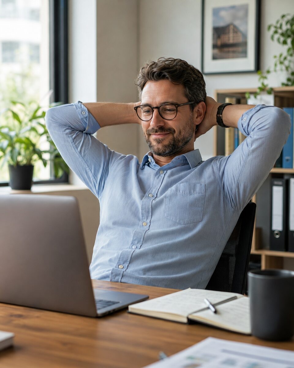 A professional leaning back, relaxed at their desk with time to focus
