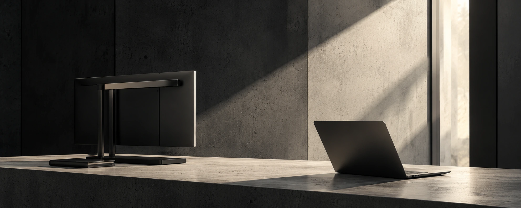 A laptop and monitor in a sunlit office