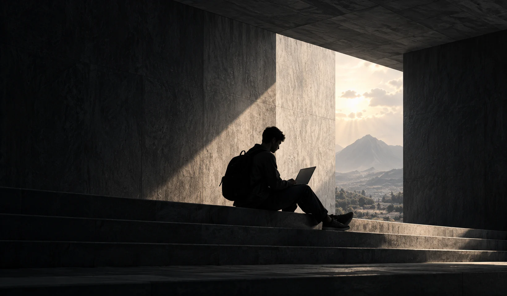A student with a backpack working on a laptop on concrete steps overlooking the mountains