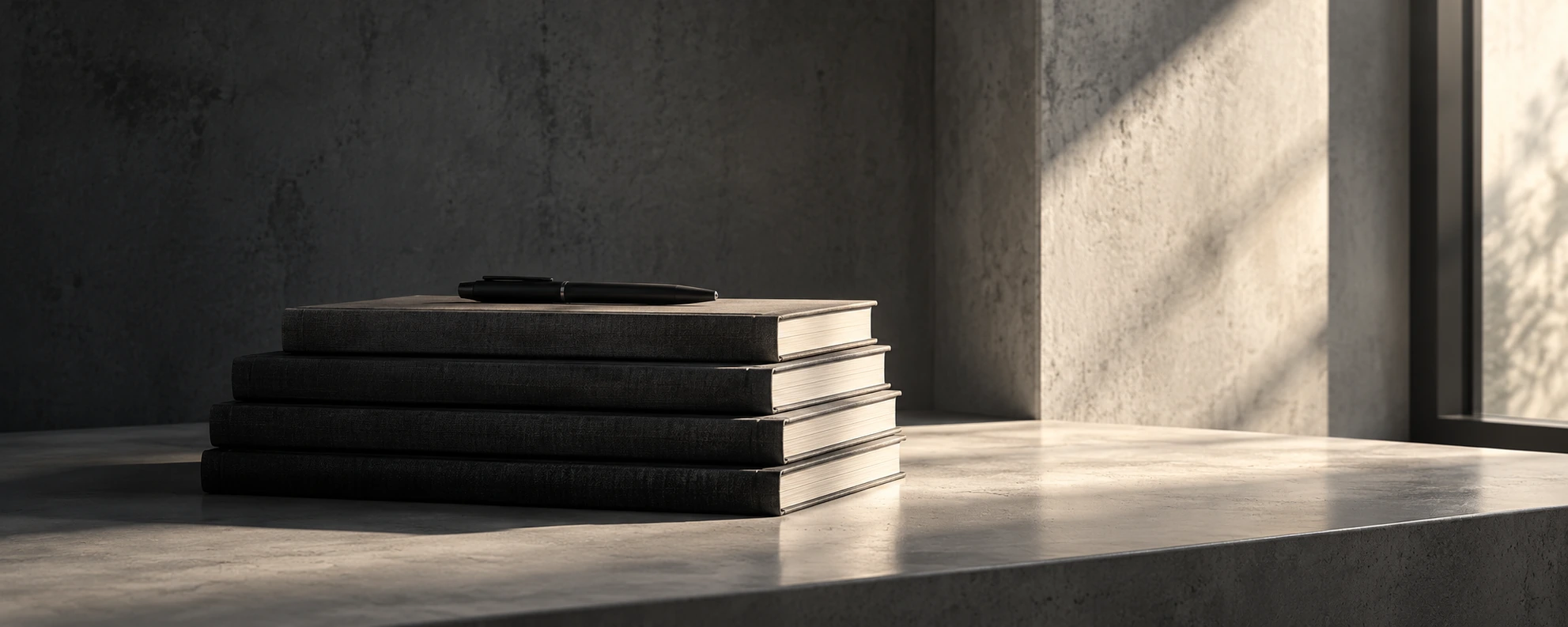 A stack of books on a sunlit desk