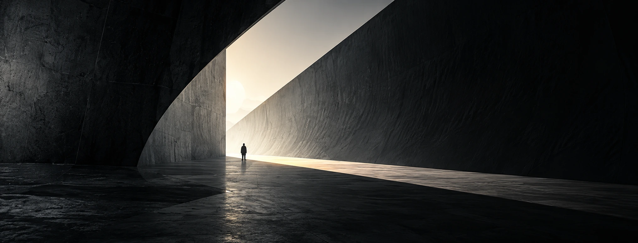 A person standing at a sunlit opening in a vast concrete hall